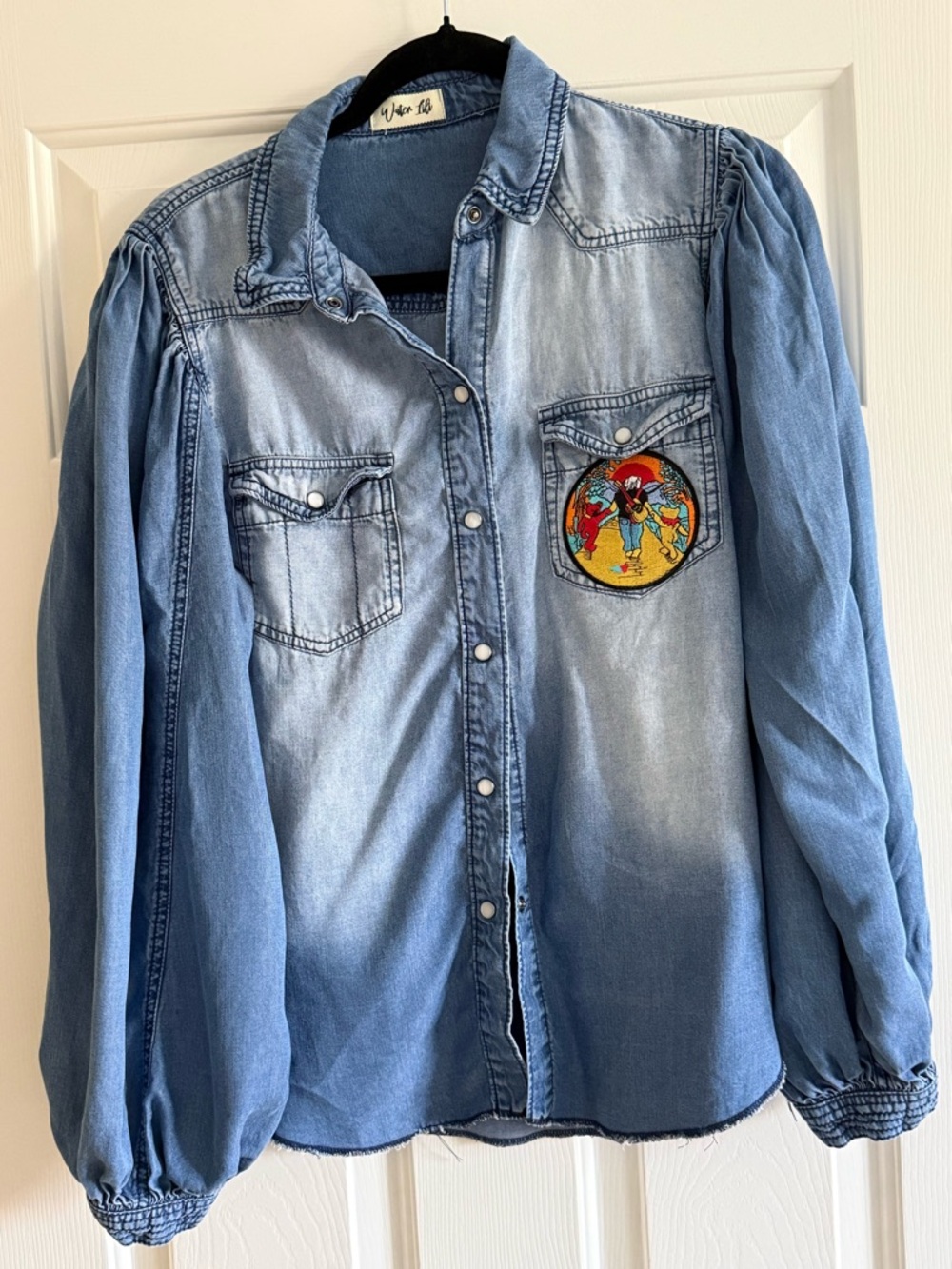Custom Upcycled Jerry Garcia Graphic Tee On A Flowy Denim Shirt size XL OOAK - Picture 3 of 7